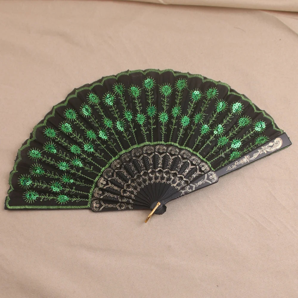 Silk Fan Folding Fan Wedding Art Gifts Peacock Sequin Dancing Fan Hand Held Fan Home decoration Oasis Select