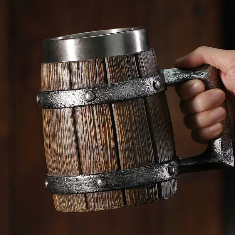 Wooden Barrel Beer Cup Stainless Steel Coffee Mug Viking Style Vintage Beer Mug Double Wall Drinking Cup Halloween Bar Drinkware Oasis Select
