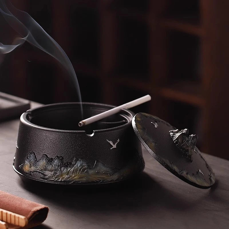Chinese Style Relief Mountain Ashtray High-end Atmospheric Upscale Home Office Large Size with Lid Windproof Ashtray Oasis Select