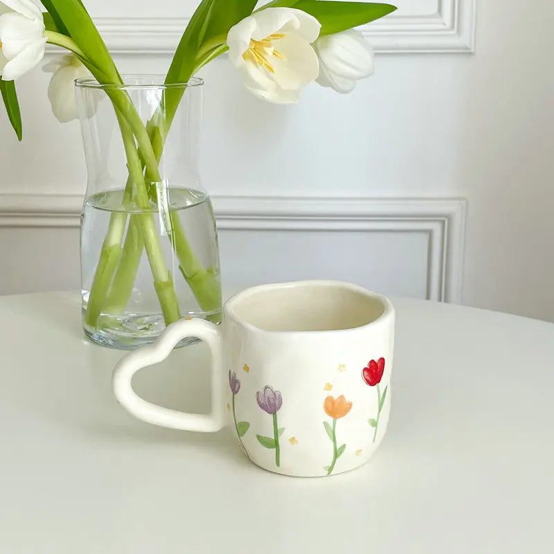 350ML Ceramic Coffee Mugs Tulip Love Handle Cups Hand Pinched Irregular White Color Flower Milk Mug Oatmeal Breakfast Tea Cup Oasis Select Tulip 350ML