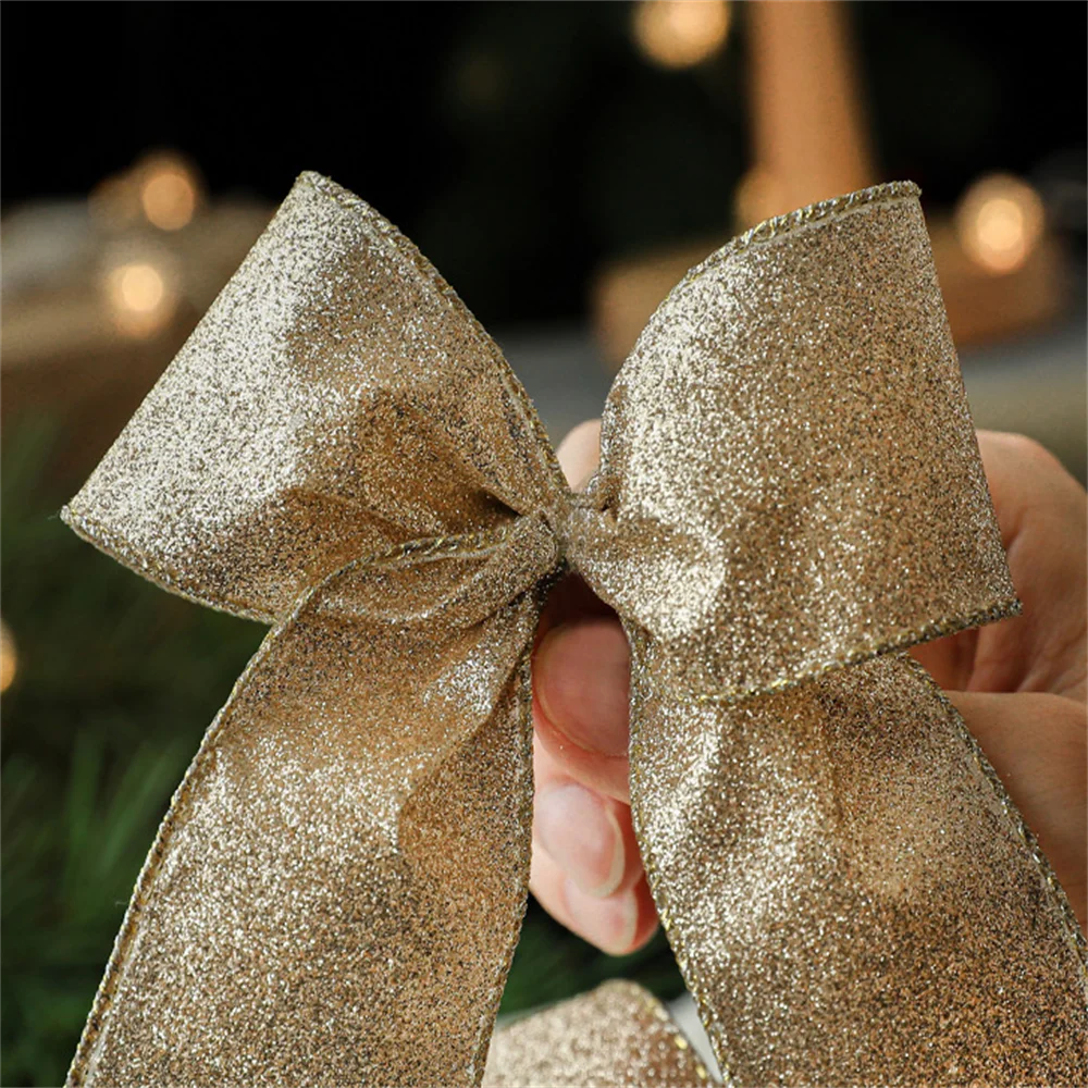 2m Glitter Christmas Ribbon Gold Silver Champagne | Xmas Bow