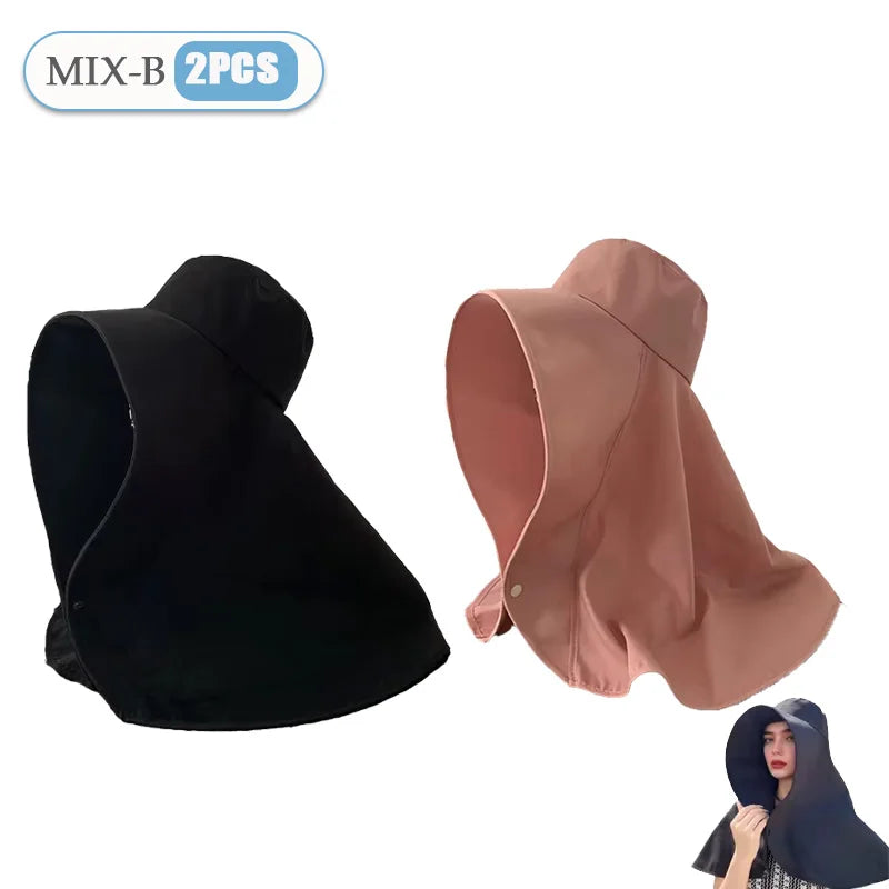 Women‘s Summer Sun Protection Hat with Face Cover Neck Flap Shoulder Cape Wide Brim UV Blocking for Outdoor Hiking Cycling Oasis Select Mix-2PCS B One Size