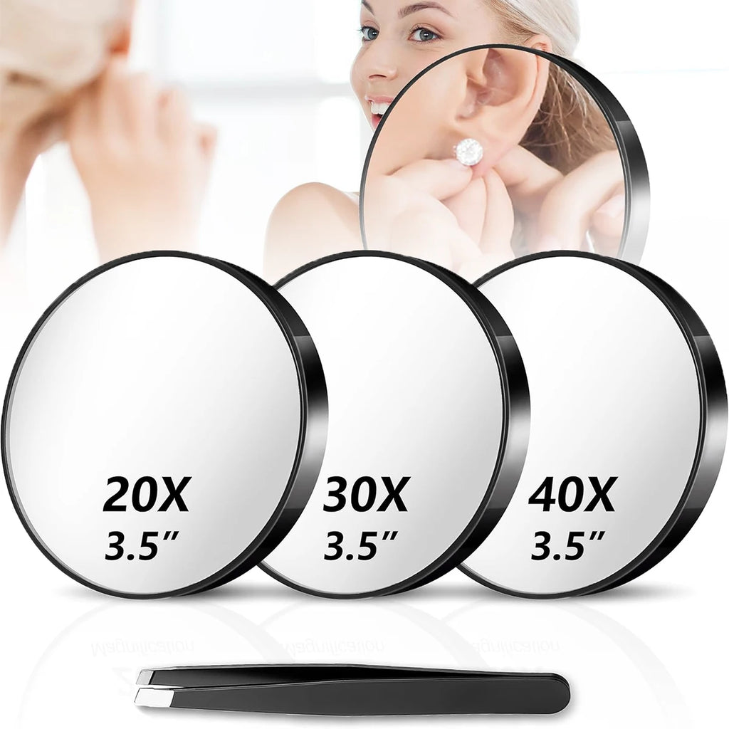 Magnifying Mirror Set (20X, 30X, 40X) 3.5" Compact Travel Mirrors with Tweezers & Suction Cups for Makeup, Brows & Ingrown Hair Oasis Select