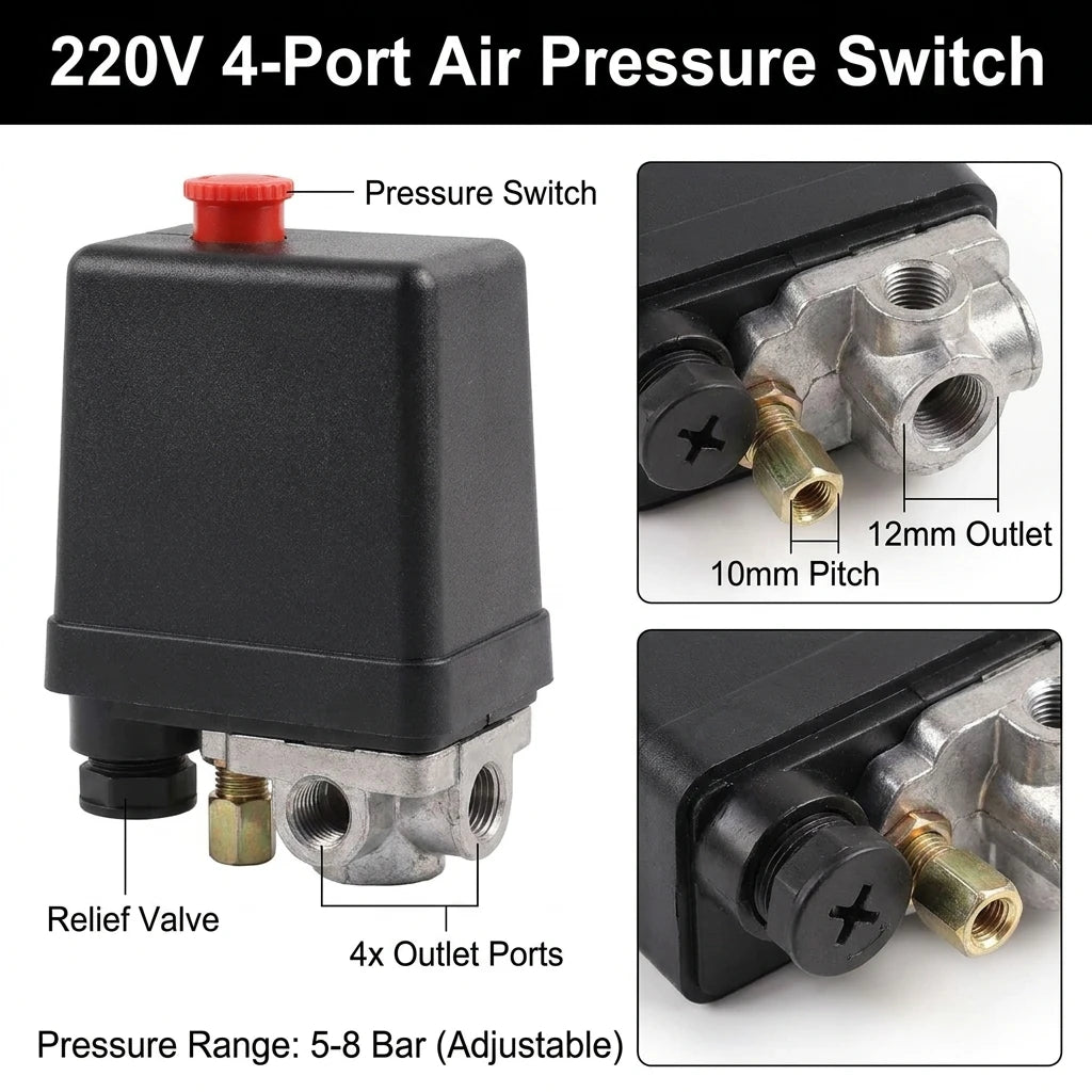 4Port Manifold Electric Air Compressor Pressure Switch 90-120psi Automatic Tool Accessory for Air Compressors Oasis Select
