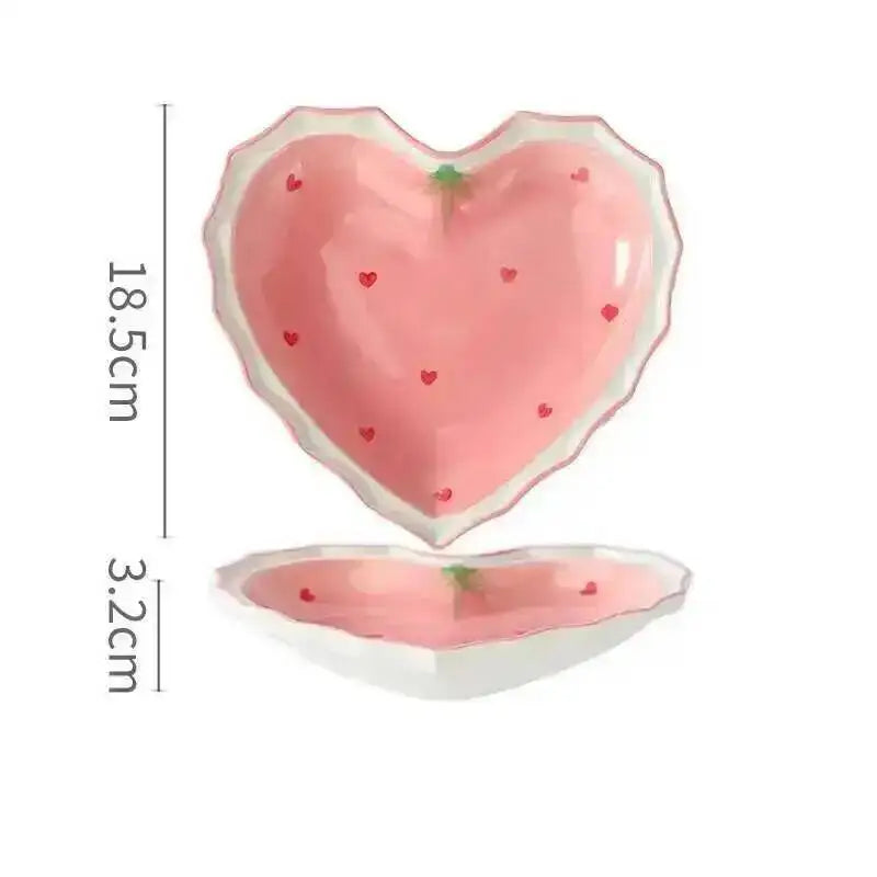 Strawberry Love Pink Plate And Bowl Ceramic Tableware Hand-painted Plate For Household Girls And Kids Oasis Select Heart Shaped Plate