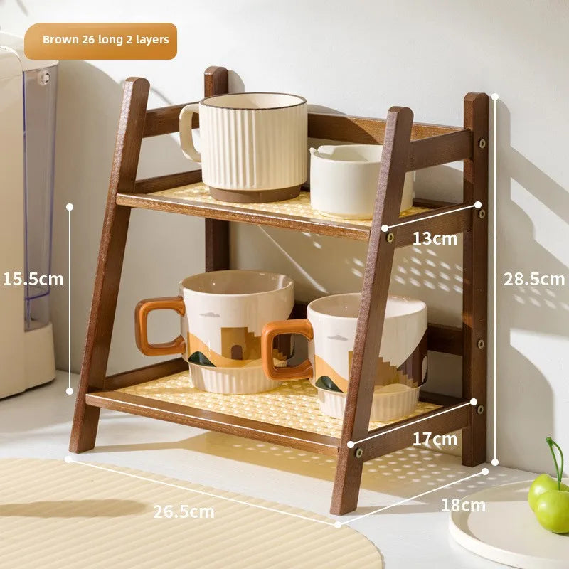 Multi-functional ins medieval rattan cream double-layer desktop rack dormitory bedroom office kitchen cup holder finishing rack Oasis Select Brown 26 long