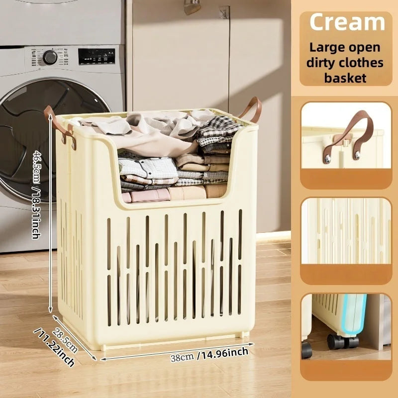 Foldable Open-Top Dirty Clothes Basket, Collapsible Wheeled Laundry Hamper, Space-Saving Organizer for Bedroom/Bathroom Oasis Select Cream Large