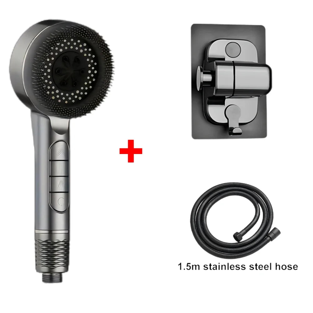 4 Modes Self-cleaning Shower Head with Silicone Brush One-Key Stop Water Massage High Pressure ABS Showerhead with Filter Oasis Select Gray Set