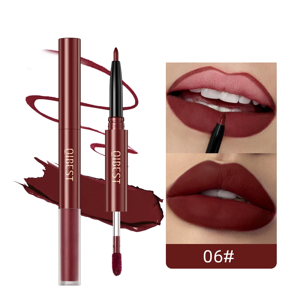 QiBest 2-in-1 Lip Liner & Gloss Pen – 6 Colors, Matte