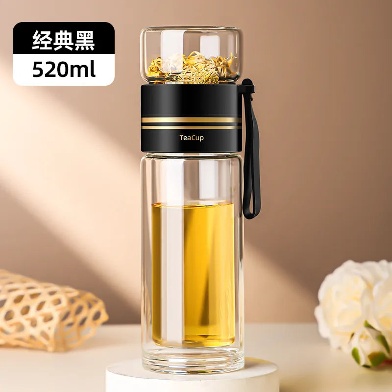 500ml Double‑Walled Glass Tea Infuser Cup, Portable Leak‑Proof Travel Mug with Stainless Steel Filter, Heat‑Resistant for Office Oasis Select Black 520ml