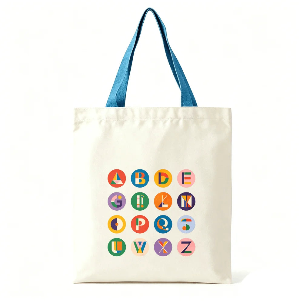 Vibrant Geometric Alphabet Canvas Tote Bag Large Cotton Shoulder Bag Student Travel Shopping Handbag Color Handle Oasis Select Blue