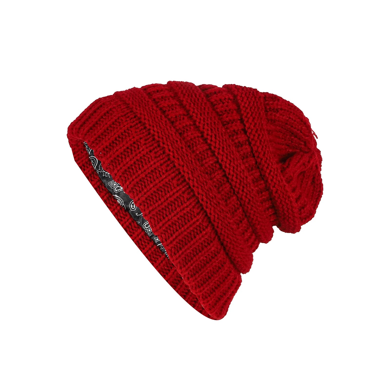 Winter brimless hat with satin lining, twisted flower knit thick skull warm hat, cashew print lining Oasis Select Burgundy