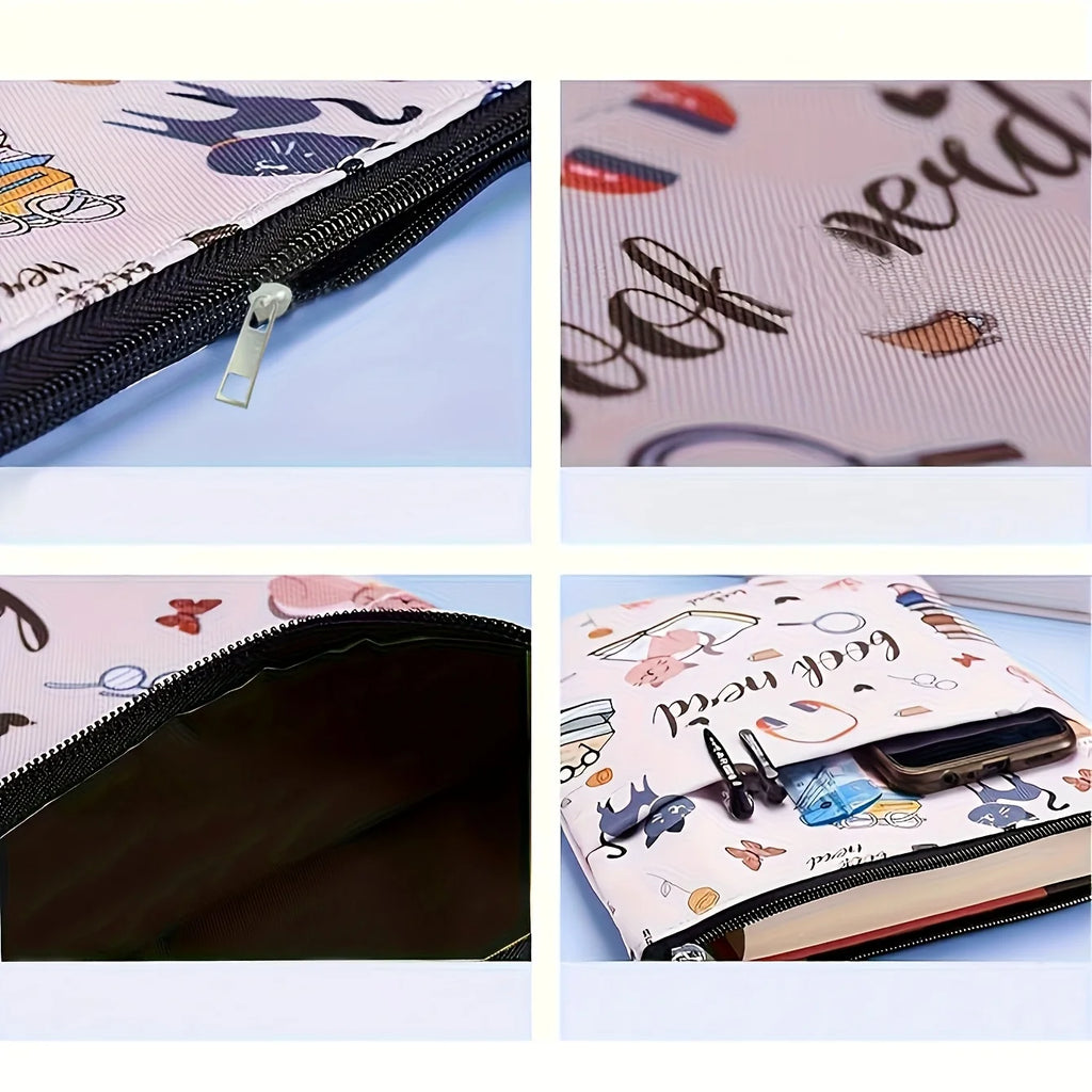 1pc "Book Nerd" Themed Fabric Book Sleeve with Zipper - Durable, Washable Cover for Paperbacks, Featuring Books & Cat Design Oasis Select