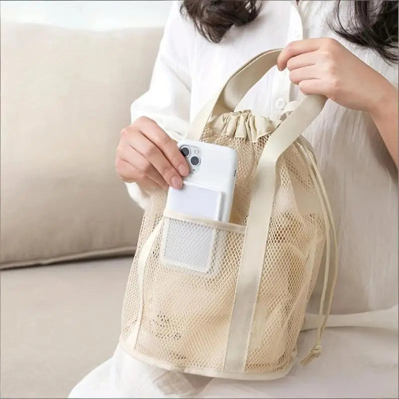 Large Capacity Foldable Mesh Nylon Drawstring Bag, Portable Travel Cosmetic Toiletry Storage Pouch for Swimwear & Daily Supplies Oasis Select