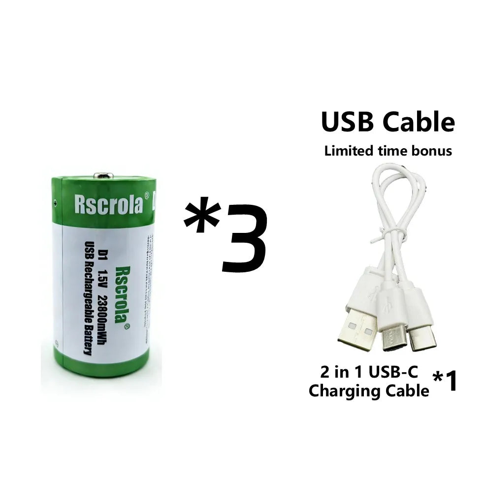 1.5V 23800mWh D Cell Batteries Rechargeable D Batteries with Charger Cable for Gas Cooker Water Heater Flashlight Radio Tool Toy Oasis Select 3P D1 Battery 1.5V
