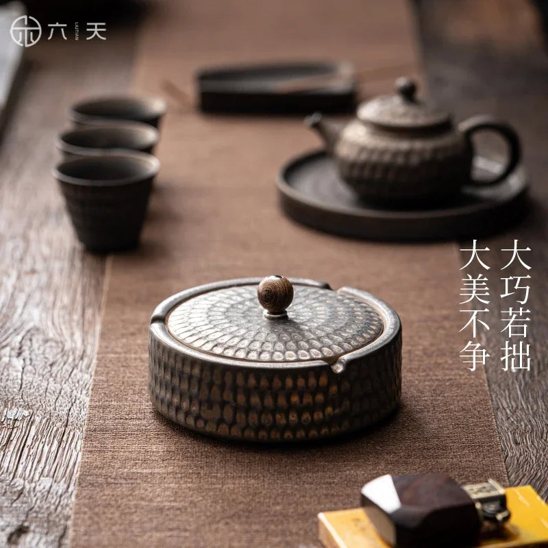 Ceramic Ashtray with Cover Home Office Creative Living Room Chinese Fly Ash Proof Ceramic Ashtray Oasis Select