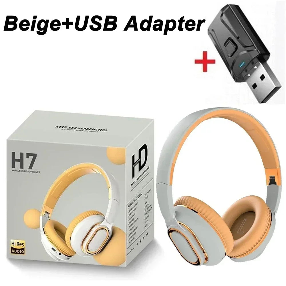 H7 Tv Bluetooth Headphone Wireless Headphone With USB Adaptor Headset Noise Cancelling Stereo Bass Earphone Foldable for TV PC Oasis Select Beige With Adapter