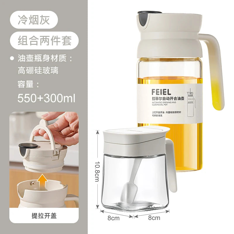 Gravity Oil Pot Automatic Opening and Closing Oil Bottle Household Kitchen Oil-free High Borosilicate Glass Seasoning Bottle Oasis Select Set of 2