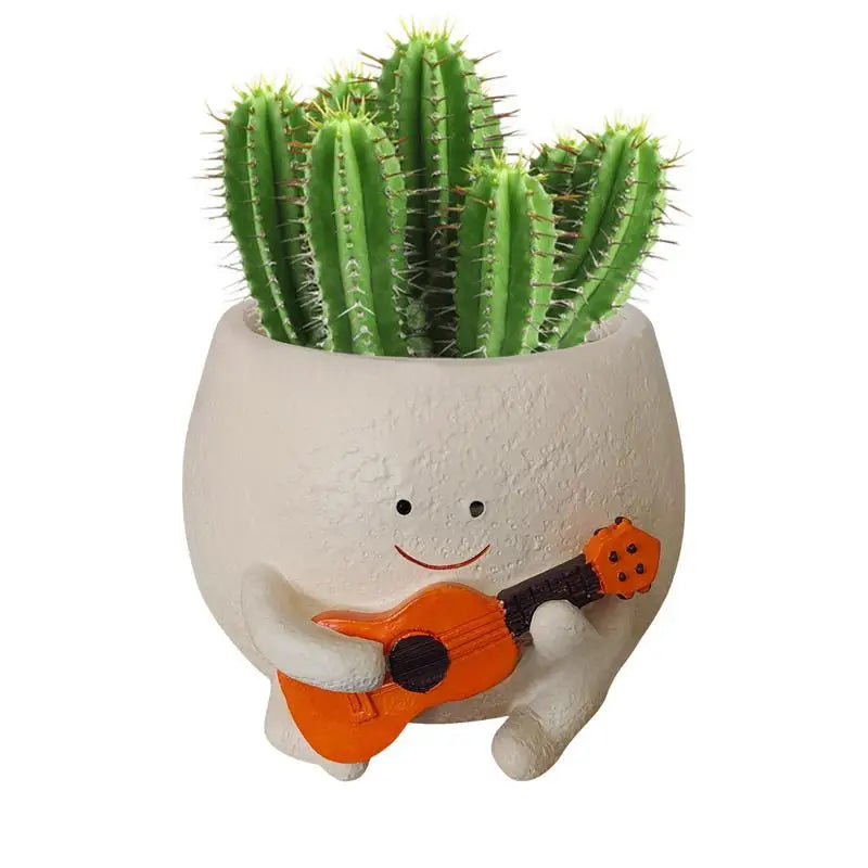 Resin Succulent Pot Unique Guitar Boy Shape Smile Face Planter Drainage Design Planter Pots With Drainage Design Flower Planter Oasis Select