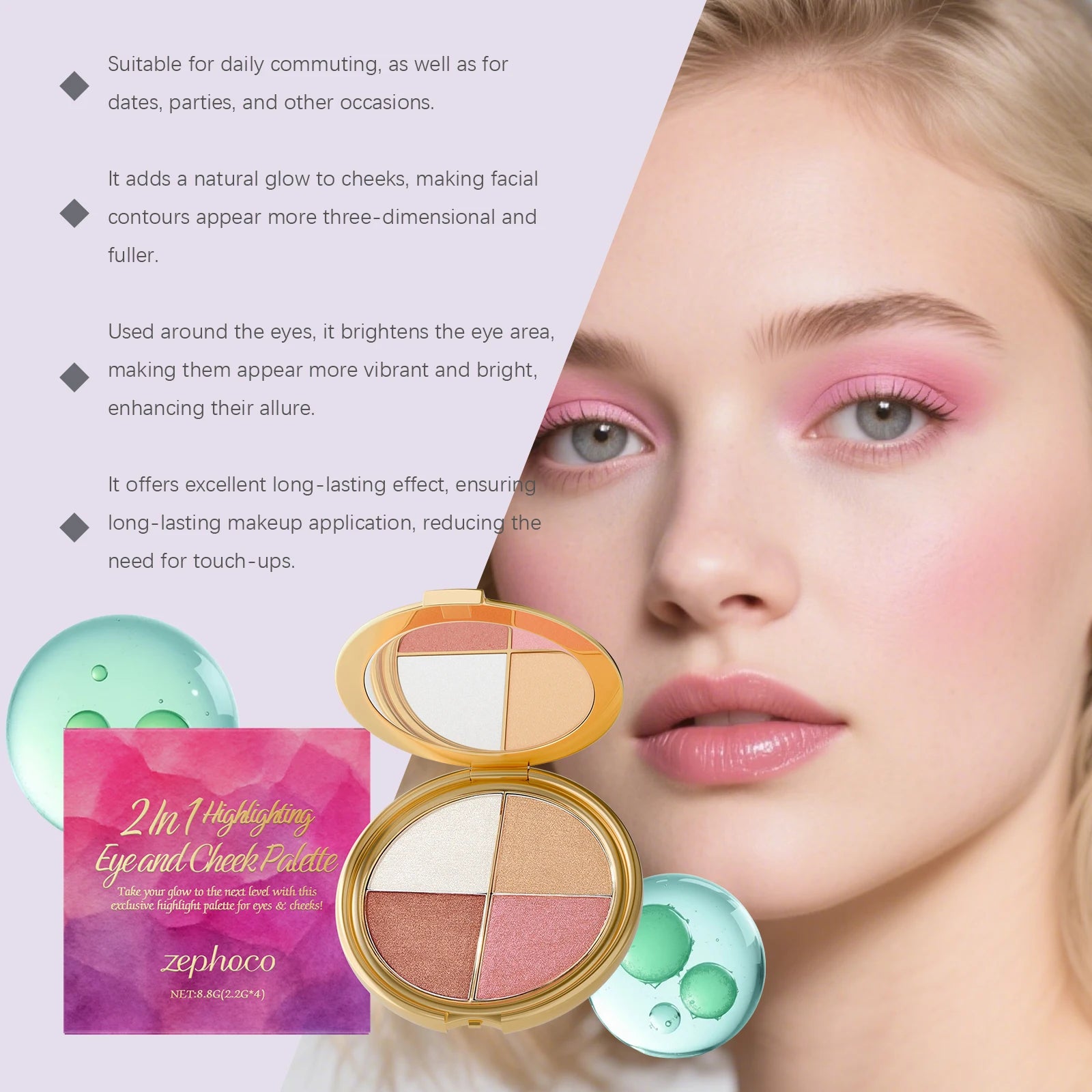 Zephoco 2-in-1 Highlighting Eye & Cheek Palette -Soft Shimmery Tones,Blendable Formula,All-in-One for Glowing Eye & Cheek Makeup Oasis Select