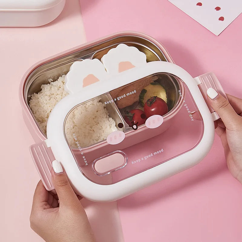 950ml Cute Rabbit Lunch Box Stainless Steel 2 Grid Bento Box Buckle Design Sealed and Leak-proof Portable Food Storage Container Oasis Select
