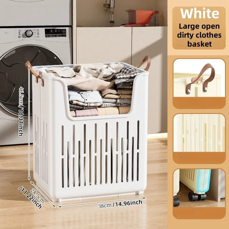 Foldable Open-Top Dirty Clothes Basket, Collapsible Wheeled Laundry Hamper, Space-Saving Organizer for Bedroom/Bathroom Oasis Select White Large