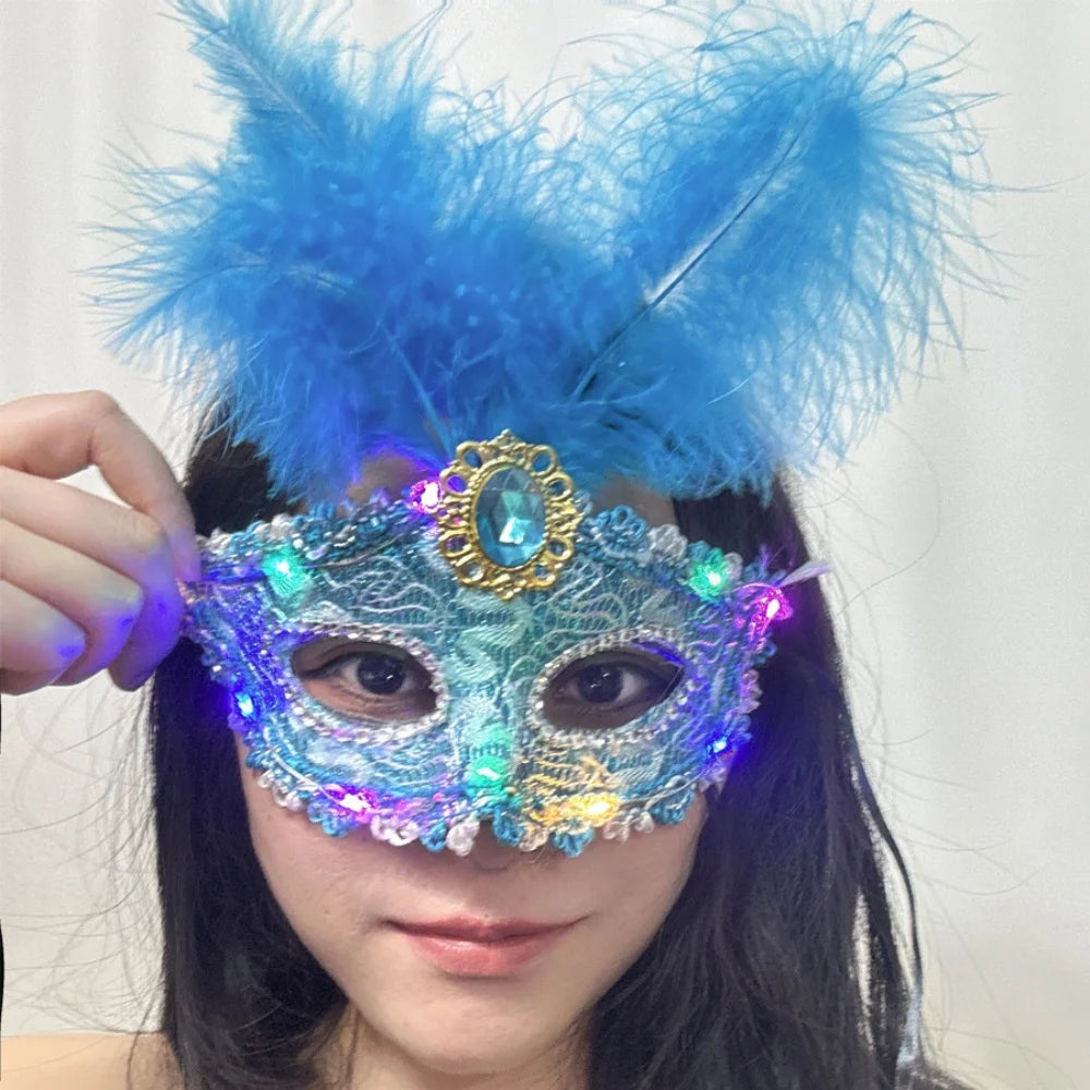 1Pcs Venetian Venice Glowing Feather Led Masks Woman Fancy Dance Party Eye Mask Carnival Halloween Masquerade Cosplay Costume Oasis Select