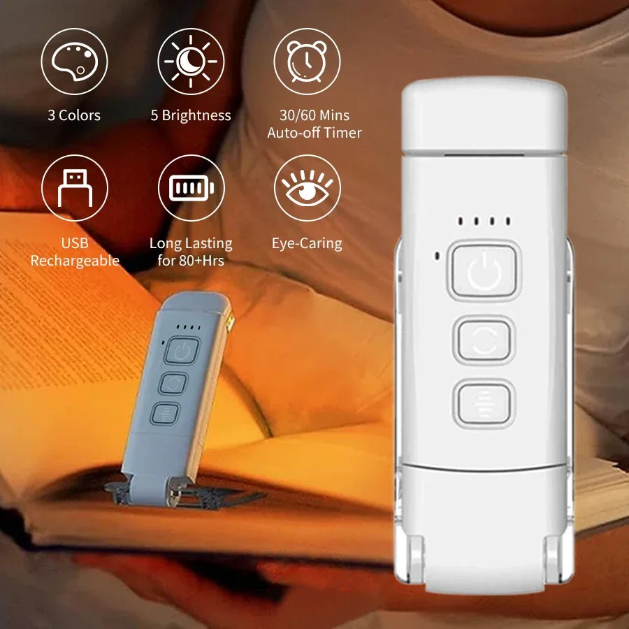USB Rechargeable Reading Light Portable Clip-on LED Bookmark Lamp 3 Colors 5-Level Brightness Mini Book Light for Book Lovers Oasis Select