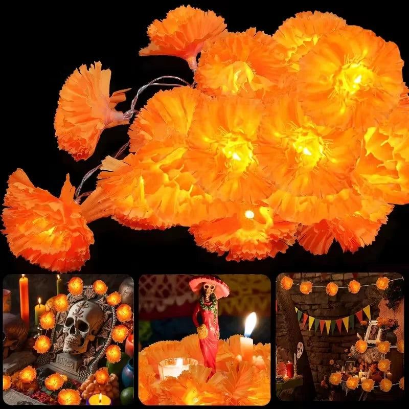 5 Ft LED Orange Marigold Garland Lights for Day of The Dead Halloween Diwali Christmas Party Home Decoration Oasis Select
