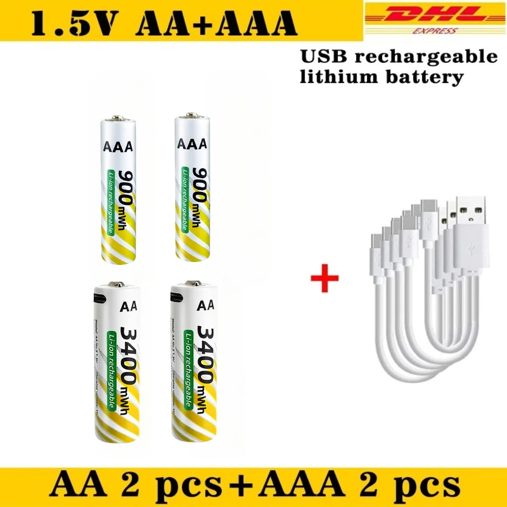 Li-ion AAA and AA Rechargeable Batteries USB Lithium-ion 3400mWh 1.5V AA Rechargeable Batteries+900mWh 1.5V AAA Battery Oasis Select AA 2pcs AAA 2pcs
