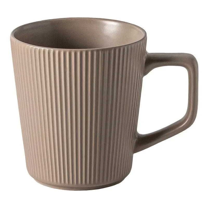 Coffee Cup Vintage Style Striped with Handle Simple Ceramic High Capacity Milk Breakfast Mug for Household Office Water Cup Oasis Select Brown