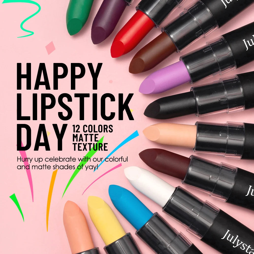 Matte Lipsticks 12 Colors Waterproof Long Lasting Lip Stain Non-stick Cup Sexy Red Black Lipstick Pigment Lip Cosmetics Oasis Select