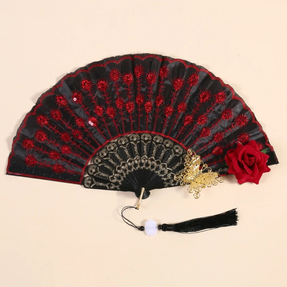 Sequin Embroidered Rose Lace Folding Fan with Tassel - Vintage European Handheld Fan for Cosplay Halloween Party Supplies Oasis Select Style 3