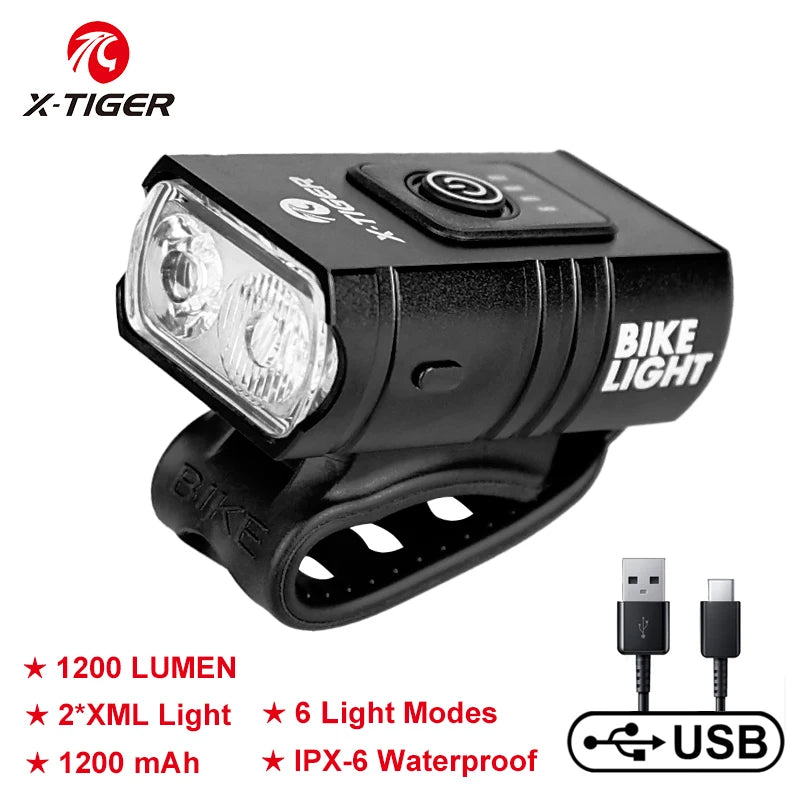 X-TIGER Bicycle Light 1200LM Front Lamp USB Rechargeable LED Mobile Power Supply Waterproof Mountain Bike Headlight Bicycle Acce Oasis Select QD-0201