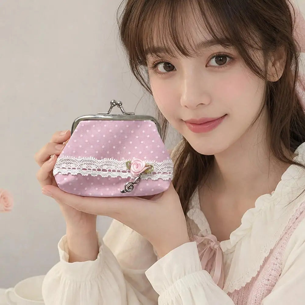 Retro Mini Pouch Polka Dot Coin Bag Women's Small Wallet Lace Decor Music Note Pendant Portable Storage Organizer Oasis Select