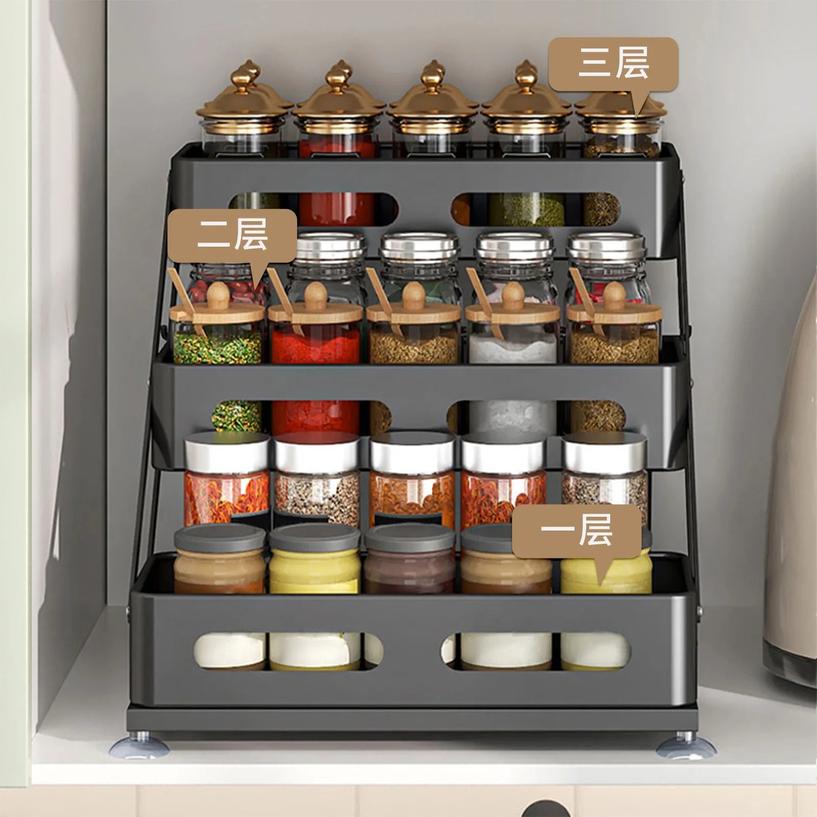 Kitchen seasoning rack adjustable high condiment rack countertop household snap-on oil, salt, sauce and vinegar seasoning Oasis Select