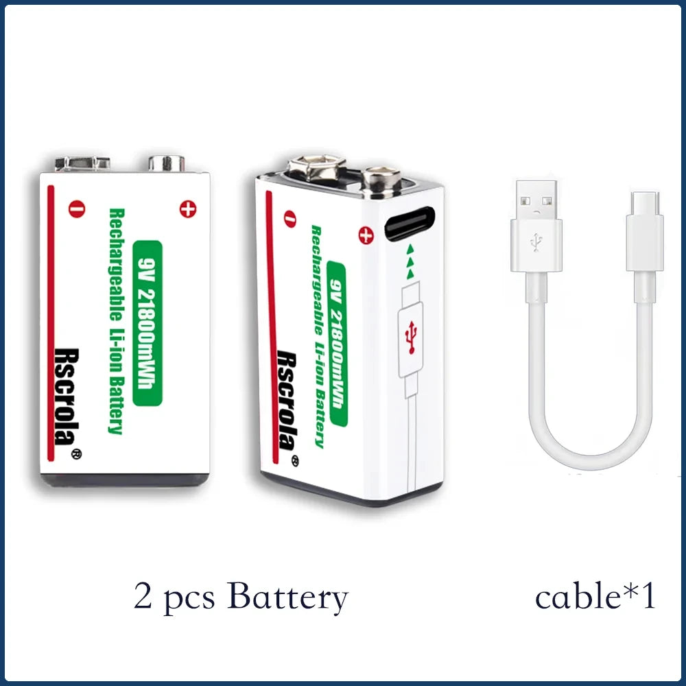 9V Lithium ion Rechargeable Battery 21800mWh High Capacity Long-Lasting for Guitar Microphone Smoke Detector Pedal with Cable Oasis Select 2 pcs 9v Battery 9v