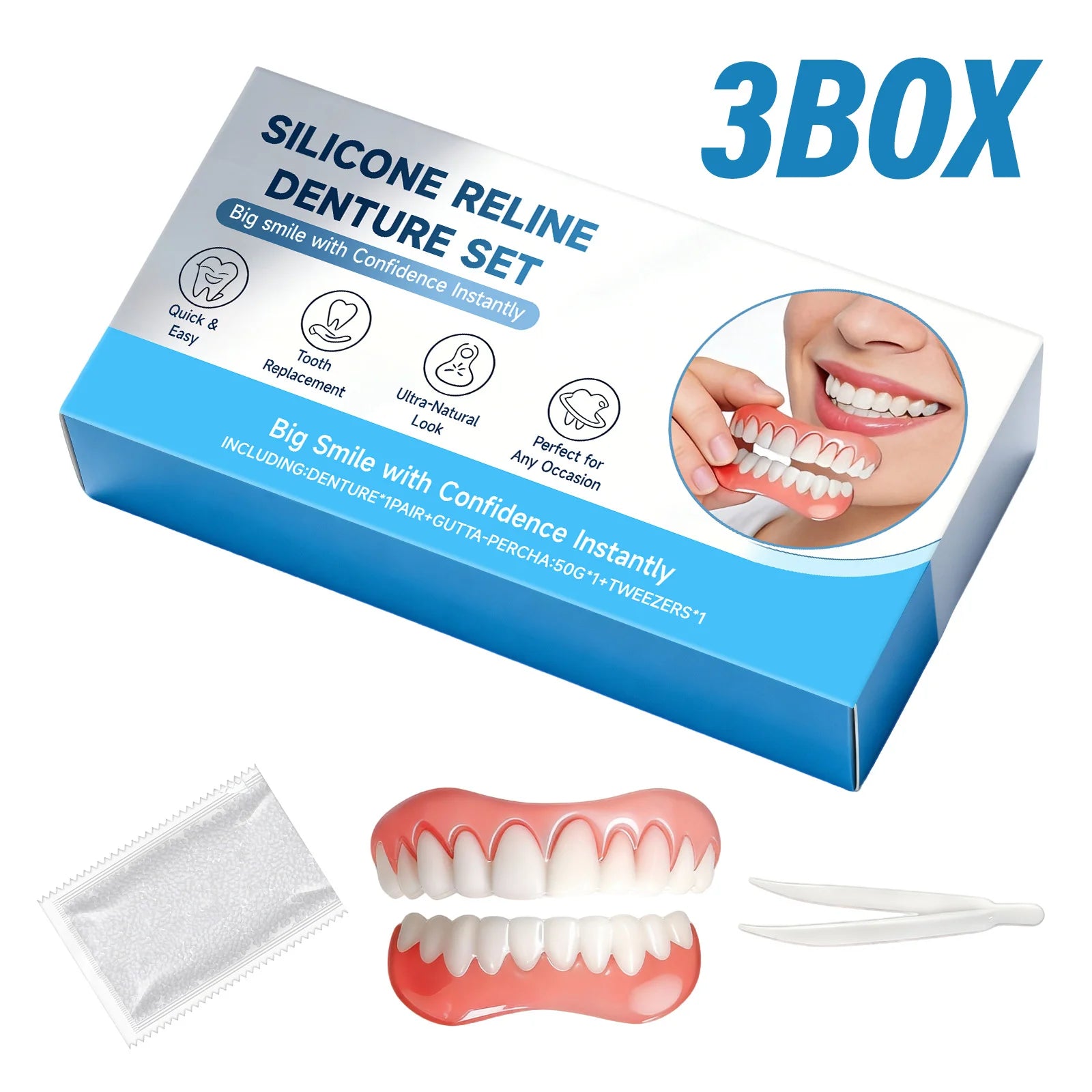 Silicone Reline Denture Set Instant Smile Veneers Upper Lower Fake Teeth Tweezers DIY Temporary Tooth Replacement Set Oasis Select 3box