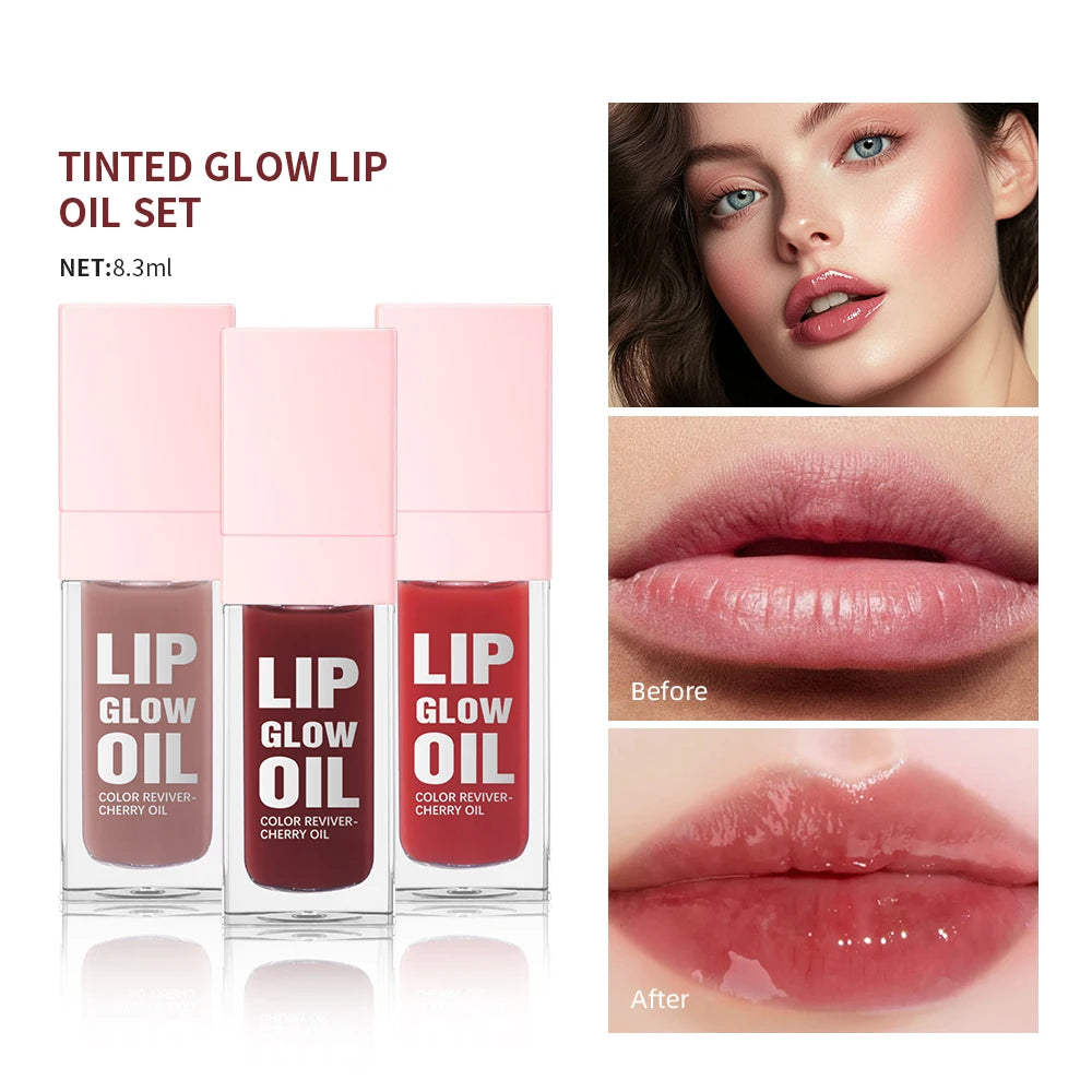 Tinted Glow Lip Oil Set – 4-Piece Jelly Lip Gloss & Balm