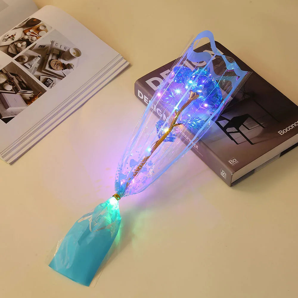 LED Gold Foil Rose with Gift Bag Valentine's Day Mother's Day Teacher's Day Gift Artificial Flower Graduation Gifts for Students Oasis Select Blue