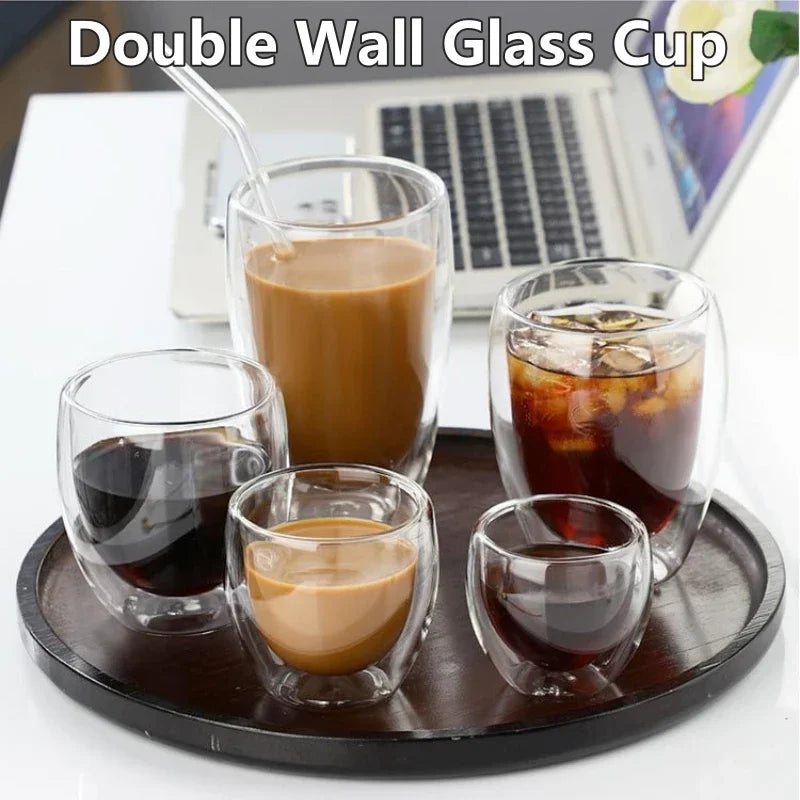 250-450ml Double Wall Glass Cup Round Style Solid Color Beer Milk Coffee Heat Resistant Water Cups Transparent Mug Glass Mug Oasis Select