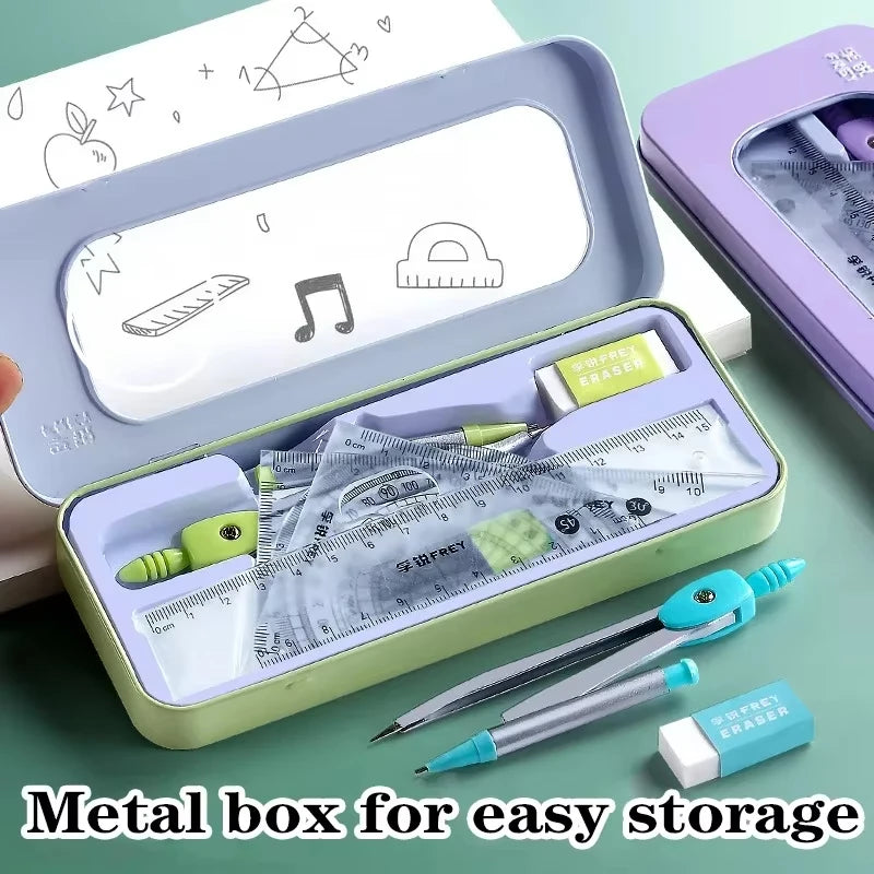 7pcs Student Geometry Tool Set Pastel Color Compass Protractor Ruler Kit with Case for School Drawing & Math Homework Oasis Select