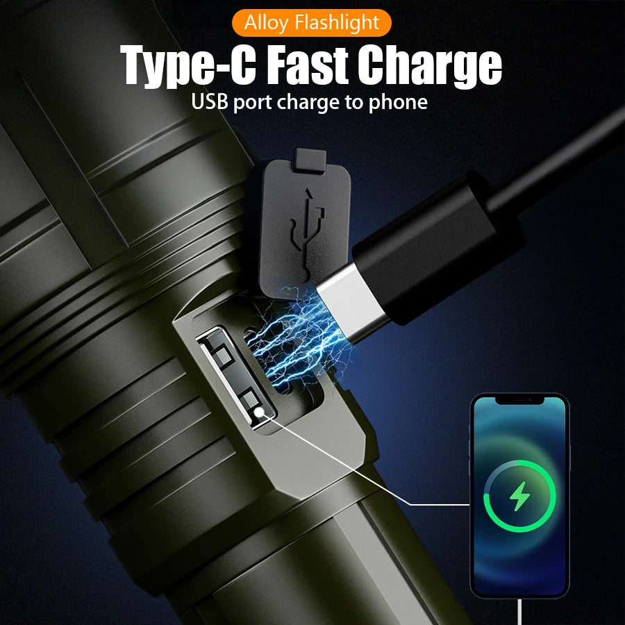 5000MAH Ultra Bright LED Flashlight with Flame Ignition Type-C Rechargeable Tactical Torch Outdoor Camping Adventure Lantern Oasis Select