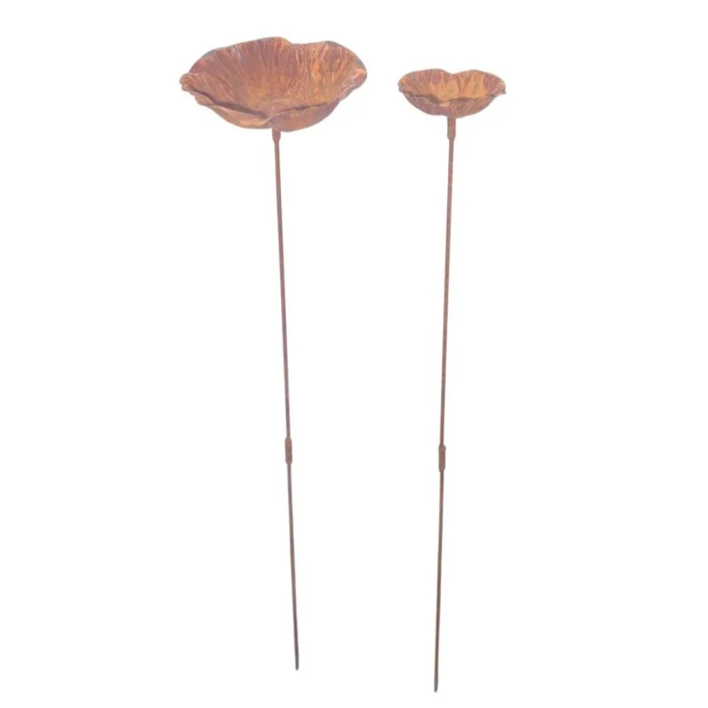 Flower Shape Metal Bird Bath Rusted Vintage Iron Art Bird Water Dispenser Handcrafted Ground Insert Flower Garden Stake Oasis Select 3.35in And 5.31in