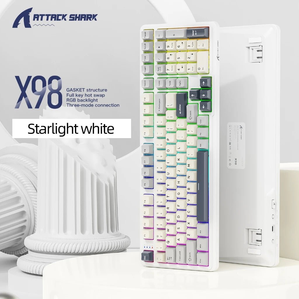 Attack Shark X98 Mechanical Keyboard 3-Mode Wireless (BT/2.4G/USB-C) Hot Swap 80% Layout | RGB Backlight | 4000mAh Gasket Mount Oasis Select X98-Starlight white