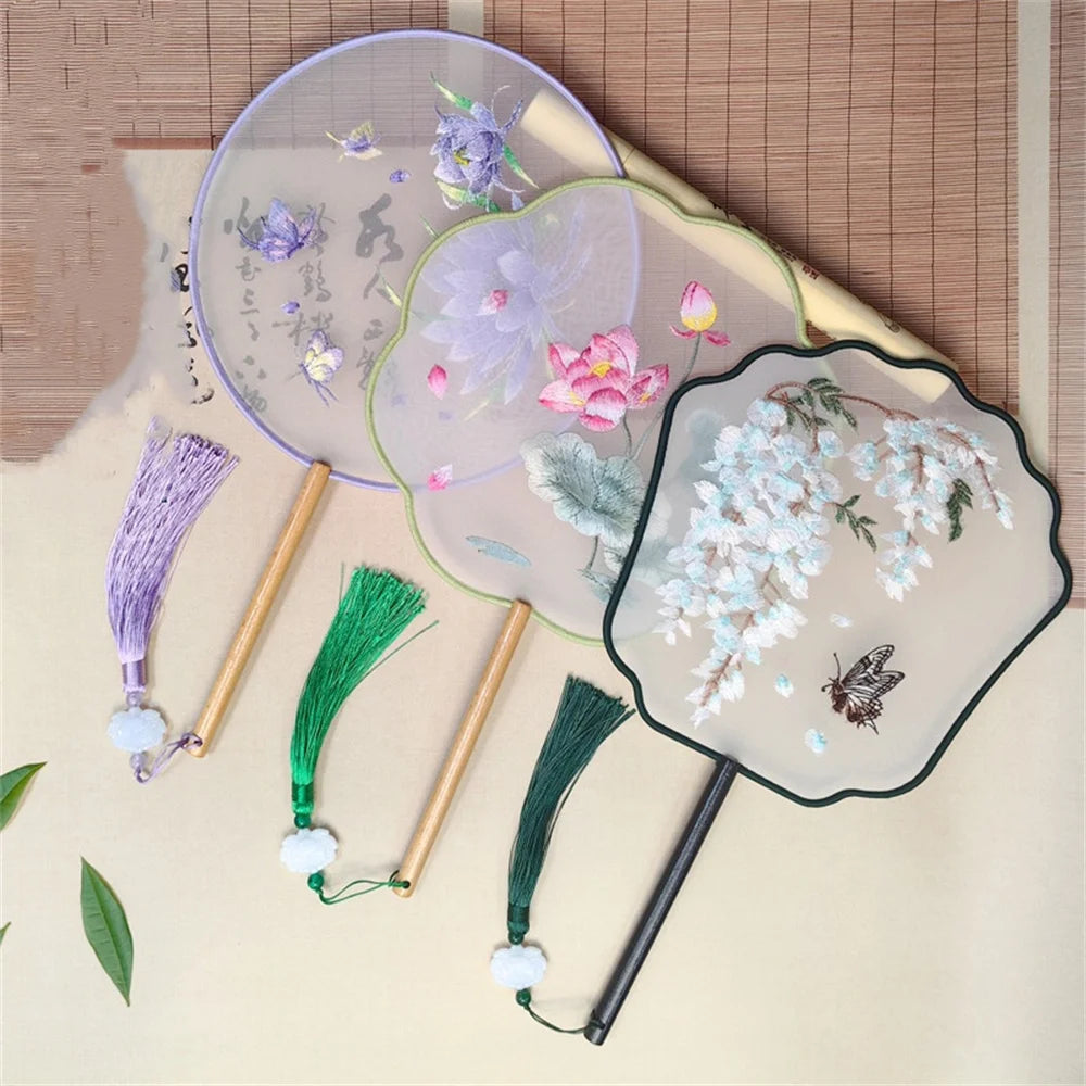 Flower Embroidered Silk Round Fan Chinese Hand Fans with Wooden Handle Tassel Wedding Party Dance Accessories Home Decor Oasis Select