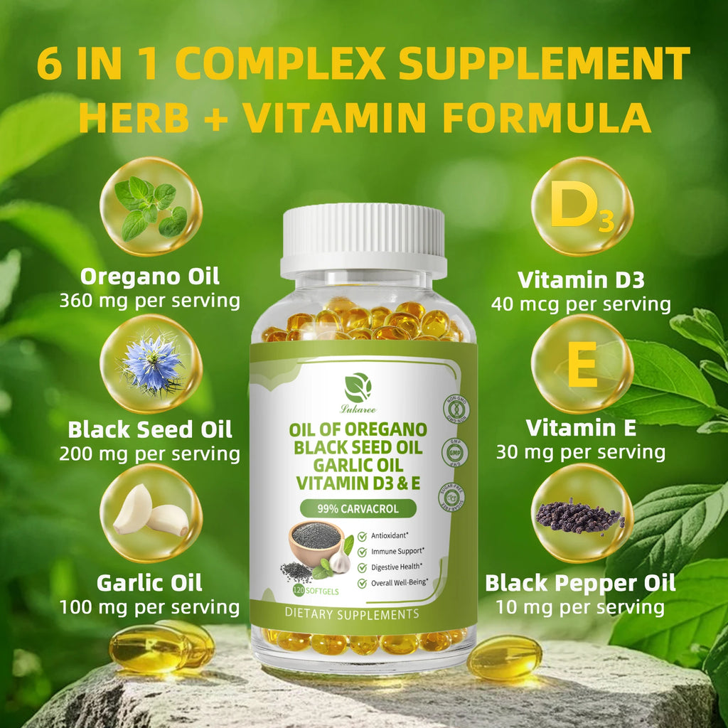 LUKAREE Oregano Oil Capsules with Black Seed Oil,Garlic Oil,Vitamin D3 E for Antioxidant,Immune & Digestive Support Non GMO Oasis Select