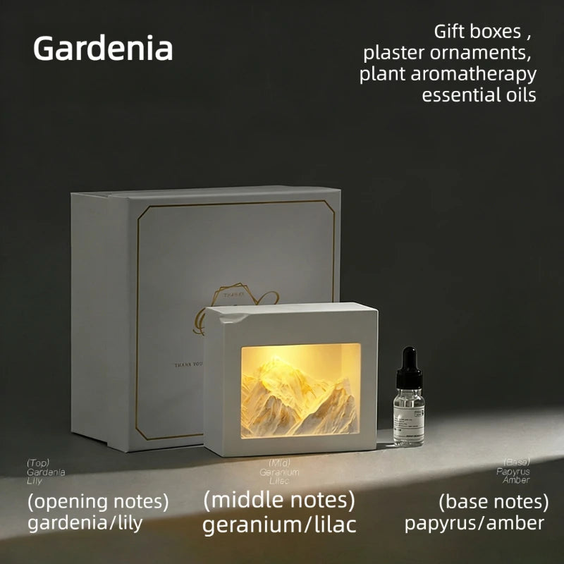 USB Aroma Diffuser Snow Mountain Stone Essential Oil Diffuser Aromatherapy Gift Box with 3 Color LED Light Home Fragrance Oasis Select golden gardenia Gift box packaging