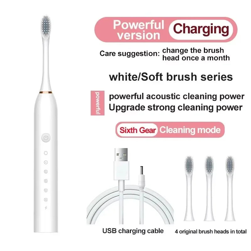 Automatic Electric Toothbrush Six-Speed Adult & Children's Universal Soft Bristle Charging Smart Toothbrush for All Ages Oasis Select white