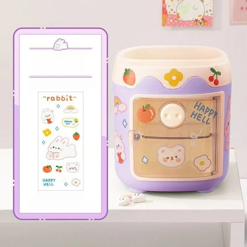 Cute cute pig pen holder student large-capacity desktop storage bucket girl children's stationery storage container wholesale Oasis Select purple